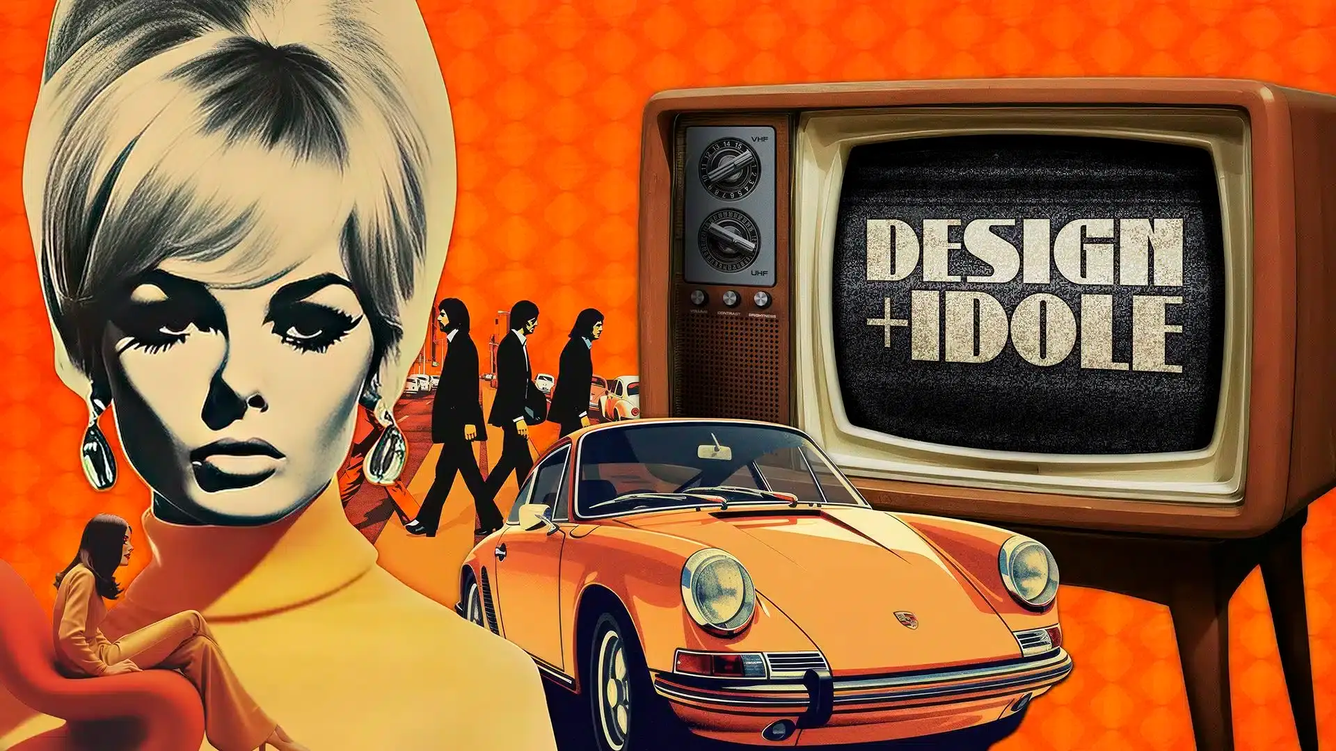 Retro-Collage mit einer Frau im Stil der 1960er Jahre, einem orangefarbenen Vintage-Porsche, spazierenden Menschen, einem alten Fernseher mit der Anzeige „DESIGN + IDOLE“ und einem orangefarbenen Hintergrund mit geometrischen Mustern.