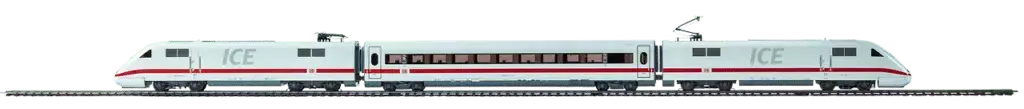 Ein Modell eines weißen ICE-Hochgeschwindigkeitszuges mit rotem Streifen, bestehend aus drei verbundenen Waggons auf Gleisen.