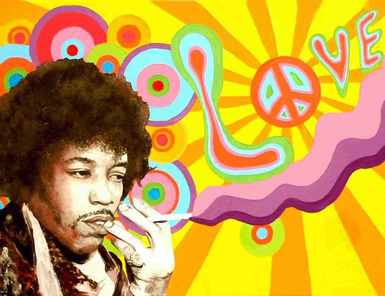 Ein Mann raucht und atmet rosa und violetten Rauch aus, der das Wort „LOVE“ mit einem Peace-Zeichen als „O“ ergibt. Der Hintergrund ist leuchtend gelb mit bunten, nach außen strahlenden Retro-Kreisen.