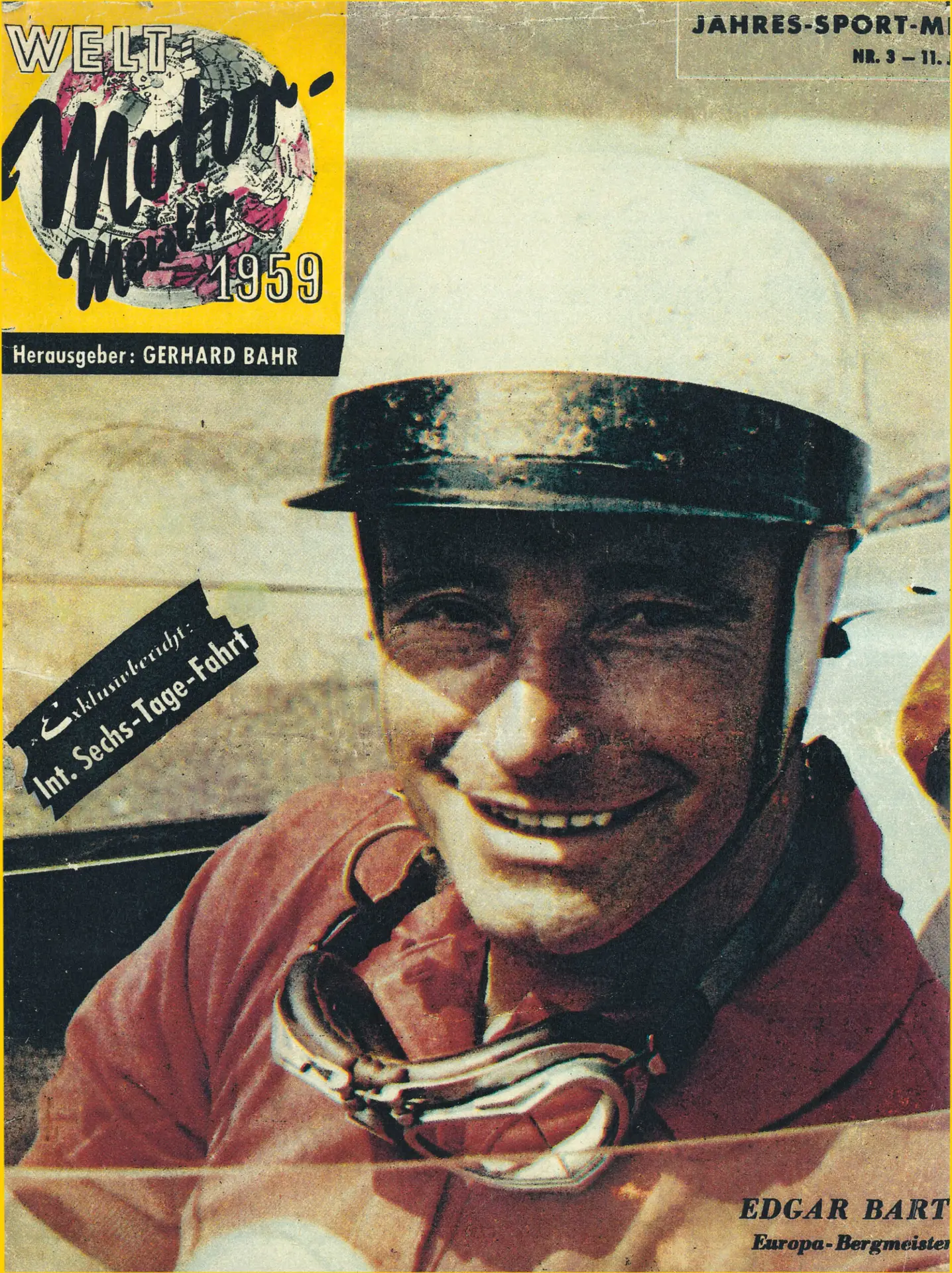 Das Cover einer Zeitschrift aus dem Jahr 1959 zeigt einen lächelnden Rennfahrer mit Helm und Schutzbrille. Der Titel „Welt Motor Markt“ und der Name Edgar Barth sind neben deutschem Text und lebendigen Grafiken zu sehen.