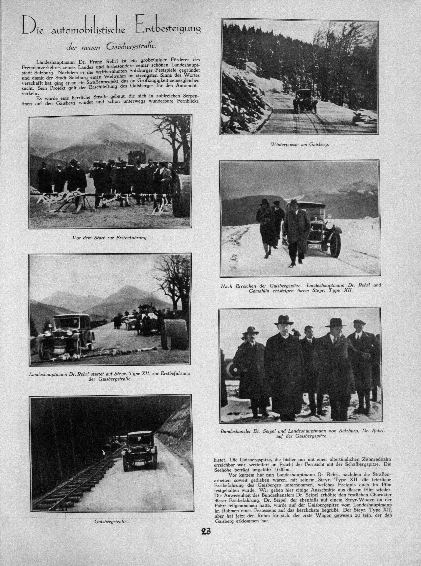 Eine alte Schwarz-Weiß-Magazinseite zeigt sechs Fotos von frühen Automobilen, darunter ein klassischer Porsche, auf schneebedeckten Bergstraßen. Gruppen von Männern in Mänteln und Hüten stehen neben den Fahrzeugen. Ein deutscher Text umgibt diese stimmungsvollen Bilder aus einem traumwerk ausflugsziel.