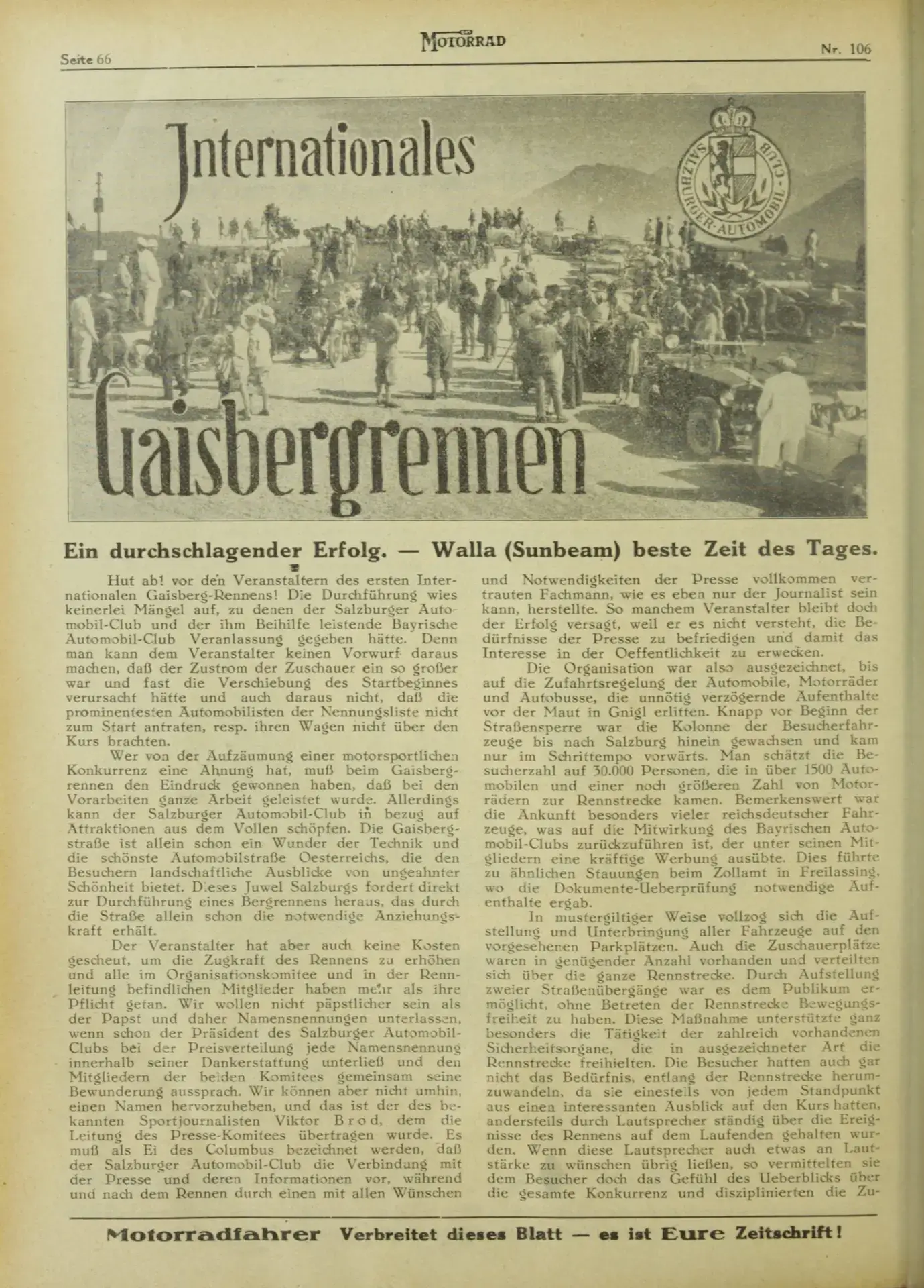 Eine alte deutsche Magazinseite zeigt einen Artikel mit dem Titel Internationales Gaisbergrennen mit einem Schwarz-Weiß-Foto von einer großen Menschenmenge und Motorradfahrern bei einer Rennveranstaltung. Die Seite hebt Porsche hervor und macht es zu einem spannenden Ausflugsziel. Der deutsche Text füllt die untere Hälfte.