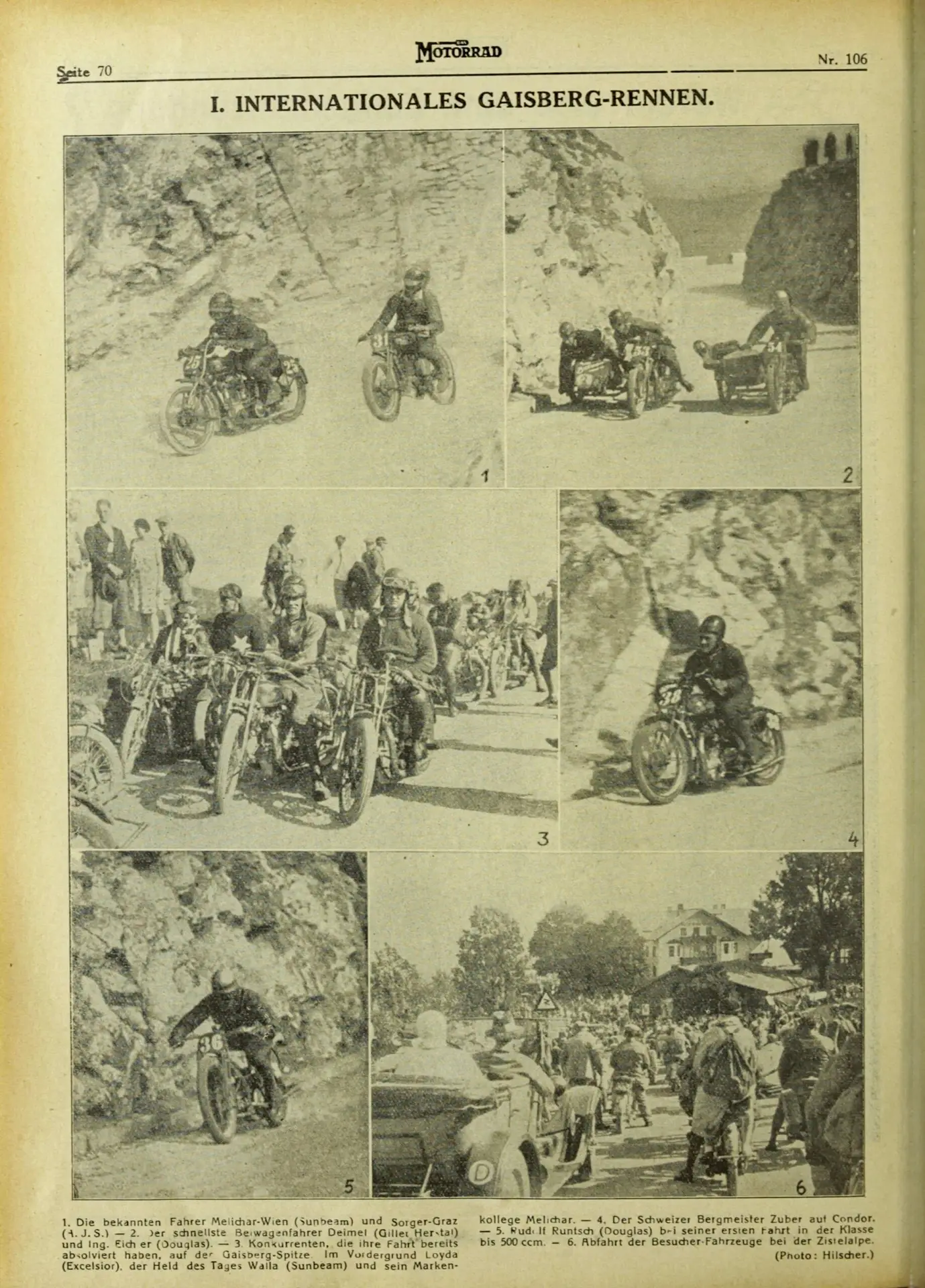 Auf einer alten Zeitschriftenseite sind fünf Schwarzweißfotos von Motorradfahrern bei einem Bergrennen zu sehen, die auf kurvenreichen Straßen fahren, felsige Klippen umrunden und sich am Start der Veranstaltung mit Zuschauern und Autos versammeln.