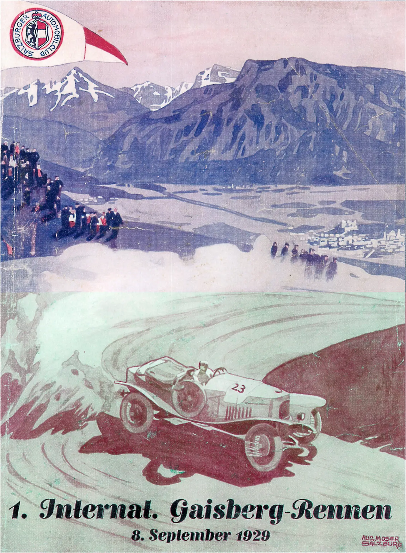 Plakatillustration eines Oldtimer-Rennwagens, der mit rasendem Tempo auf einer Bergstraße fährt, während Zuschauer zuschauen, im Hintergrund dramatische Berge. Text: 1. Internat. Gaisberg-Rennen, 8. September 1929.