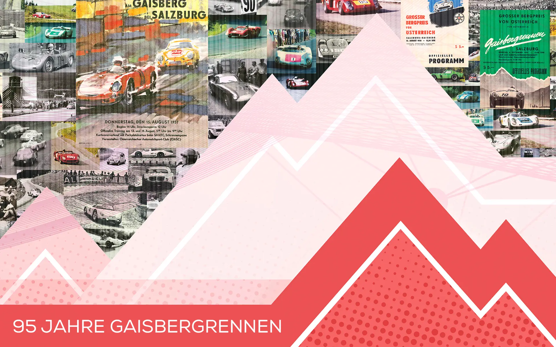 Eine Collage aus Oldtimer-Rennplakaten und Fotos, überlagert mit stilisierten roten Bergen. Der Text unten lautet: 95 Jahre Gaisbergrennen.