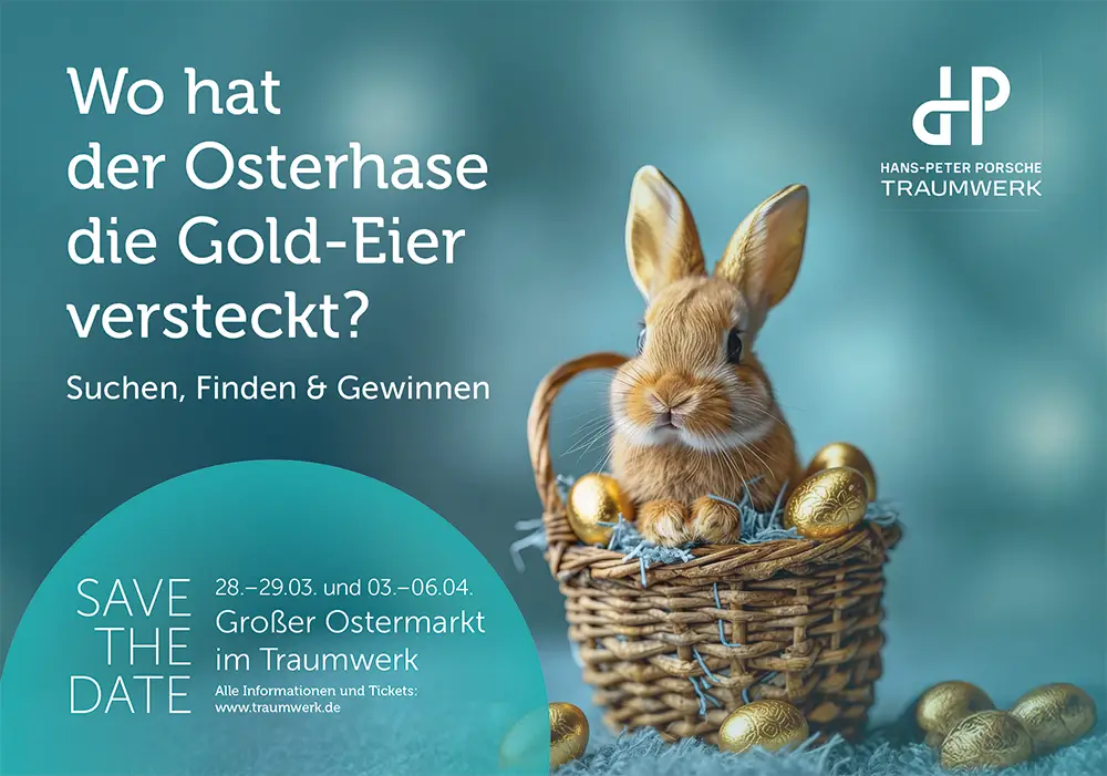 Ein braunes Kaninchen sitzt in einem mit goldenen Eiern gefüllten Korb. Ein deutscher Text lädt dazu ein, auf dem Großen Ostermarkt nach versteckten goldenen Eiern zu suchen, wobei Veranstaltungsdaten und Angaben zum Veranstalter angezeigt werden.