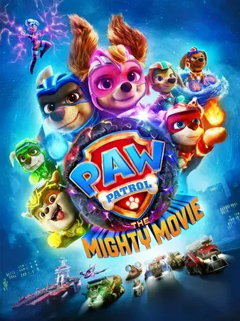 Plakat für PAW Patrol: The Mighty Movie mit animierten Superhelden-Welpen in bunten Kostümen, mit Fahrzeugen und einer Stadtsilhouette im Hintergrund und einer leuchtenden, actiongeladenen Atmosphäre.