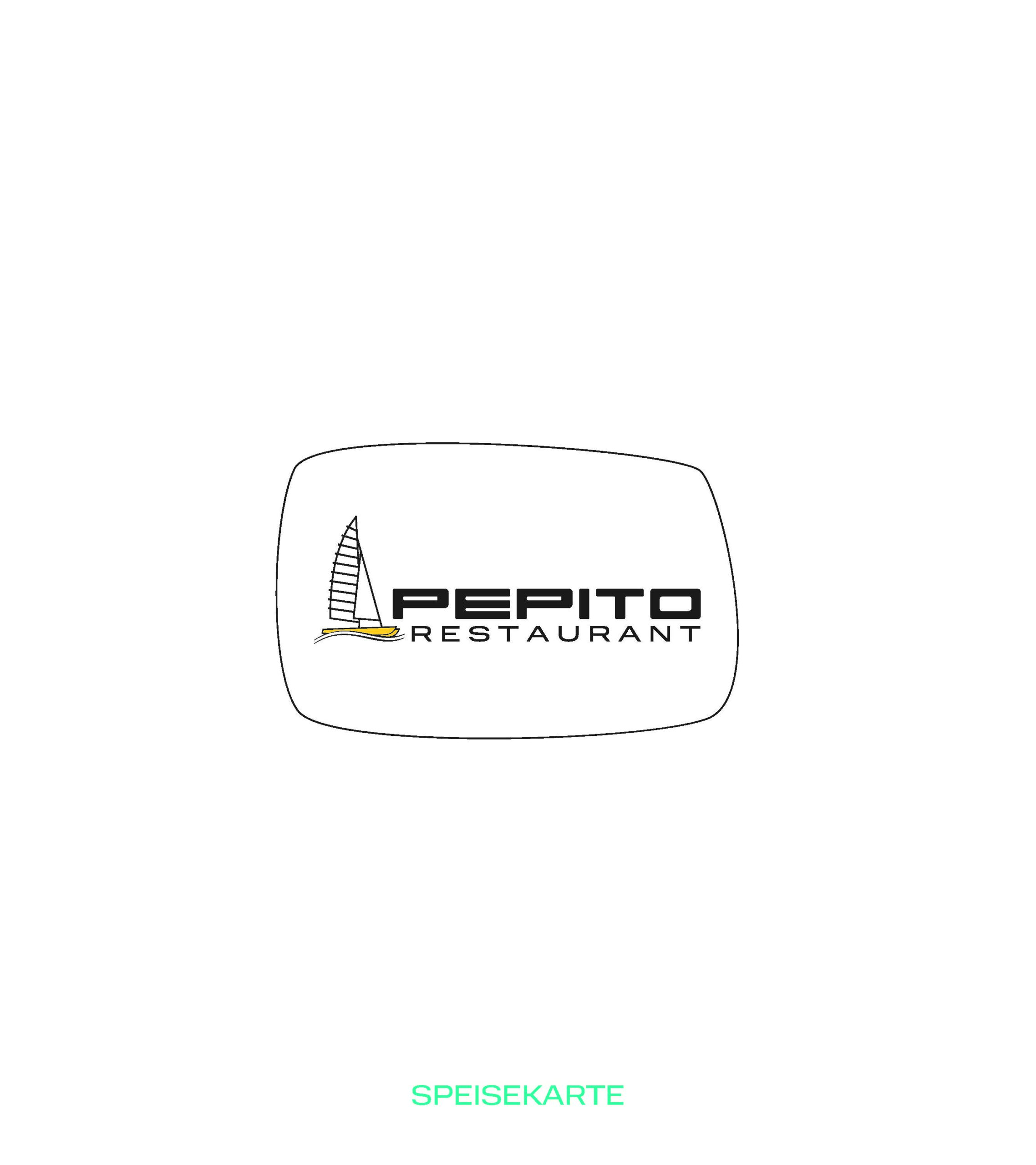 Logo für das Restaurant Pepito mit einem Segelboot auf der linken Seite und dem Namen des Restaurants in fetten Buchstaben auf der rechten Seite. Der Schriftzug "SPEISEKARTE" erscheint in grüner Schrift am unteren Rand.