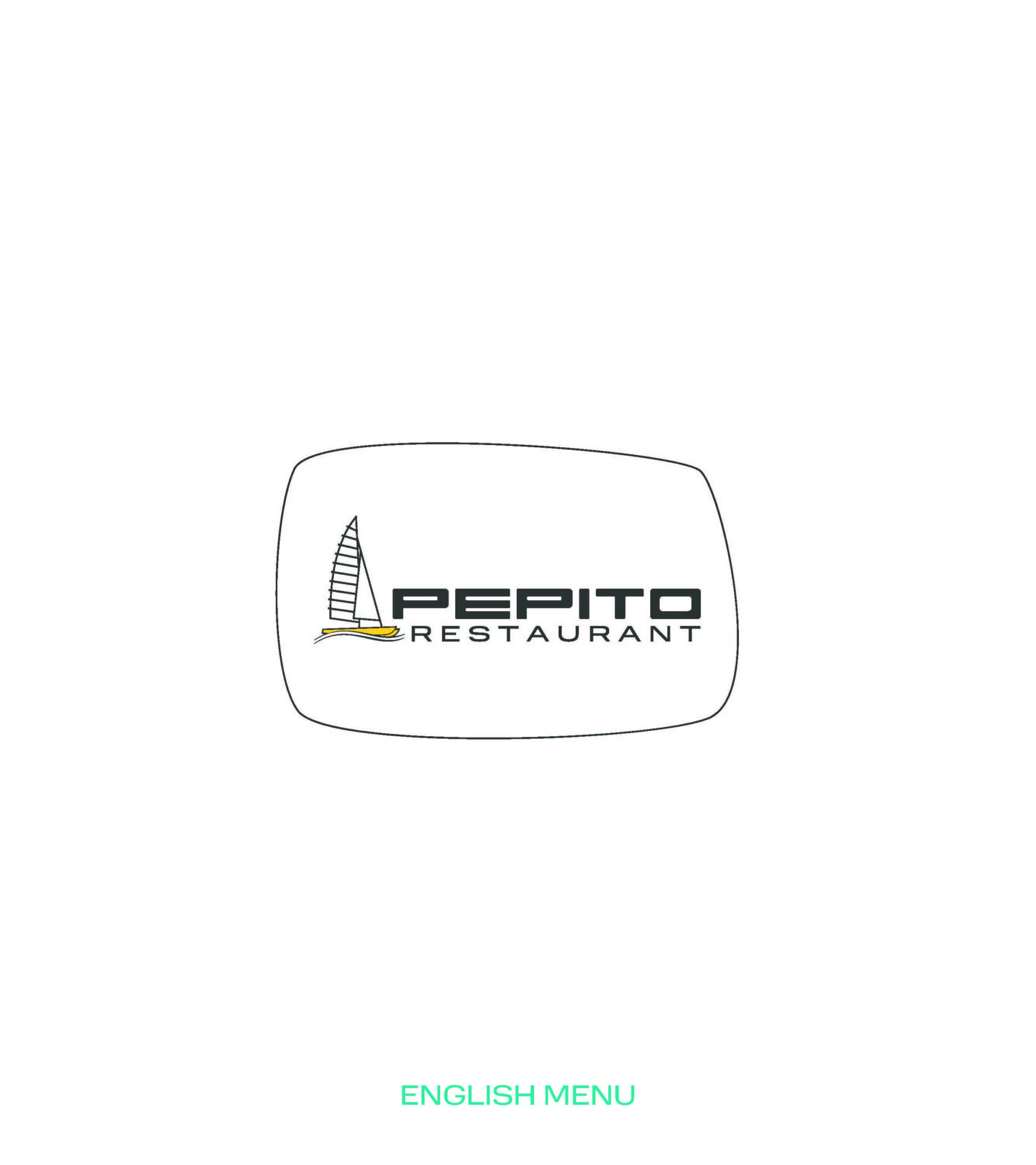 Ein Logo für das Restaurant Pepito mit einer Segelbootgrafik auf der linken Seite, schwarzem und gelbem Text in der Mitte und ENGLISH MENU in grüner Schrift am unteren Rand.