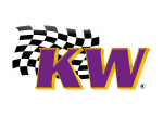 Das Bild zeigt die Buchstaben KW in fetten violetten und goldenen Umrissen, hinter denen eine schwarz-weiß karierte Rennflagge weht.