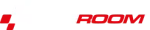 Das Bild zeigt das Raceroom-Logo in fetter Schrift, mit RACE in Weiß und ROOM in Rot, begleitet von schwarzen, roten und weißen Rennflaggenquadraten auf der linken Seite. Der Hintergrund ist schwarz.